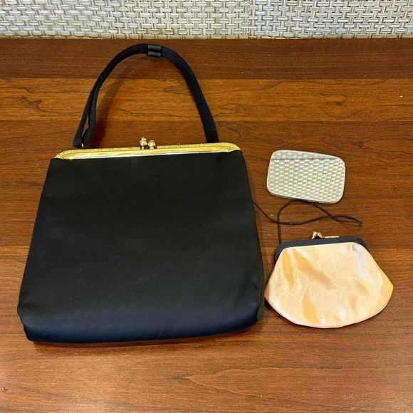 🌟HP🌟VTG 1950s-60s H&L (Harry Levine) Black Satin & Rhinestone Evening Bag Set - Picture 2 of 16